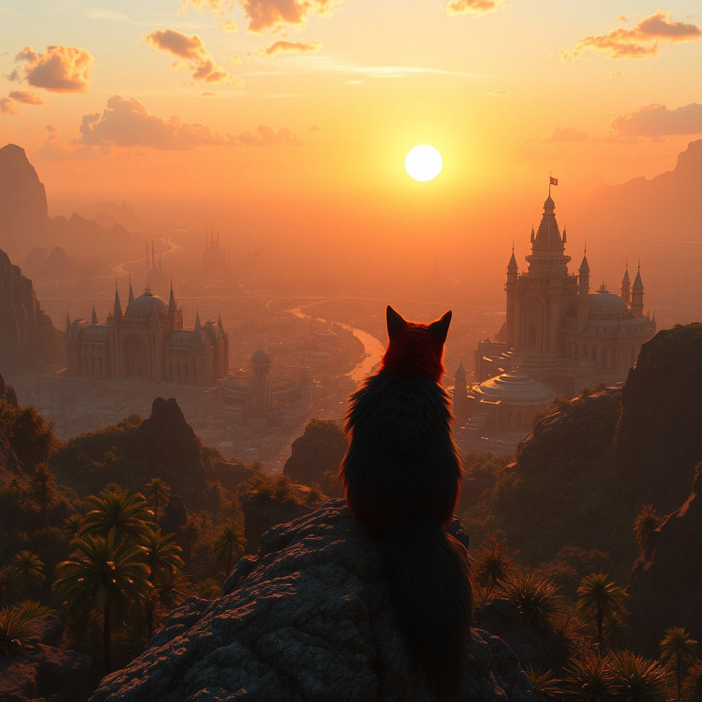 Sunset Cityscape with Red and Black Creature