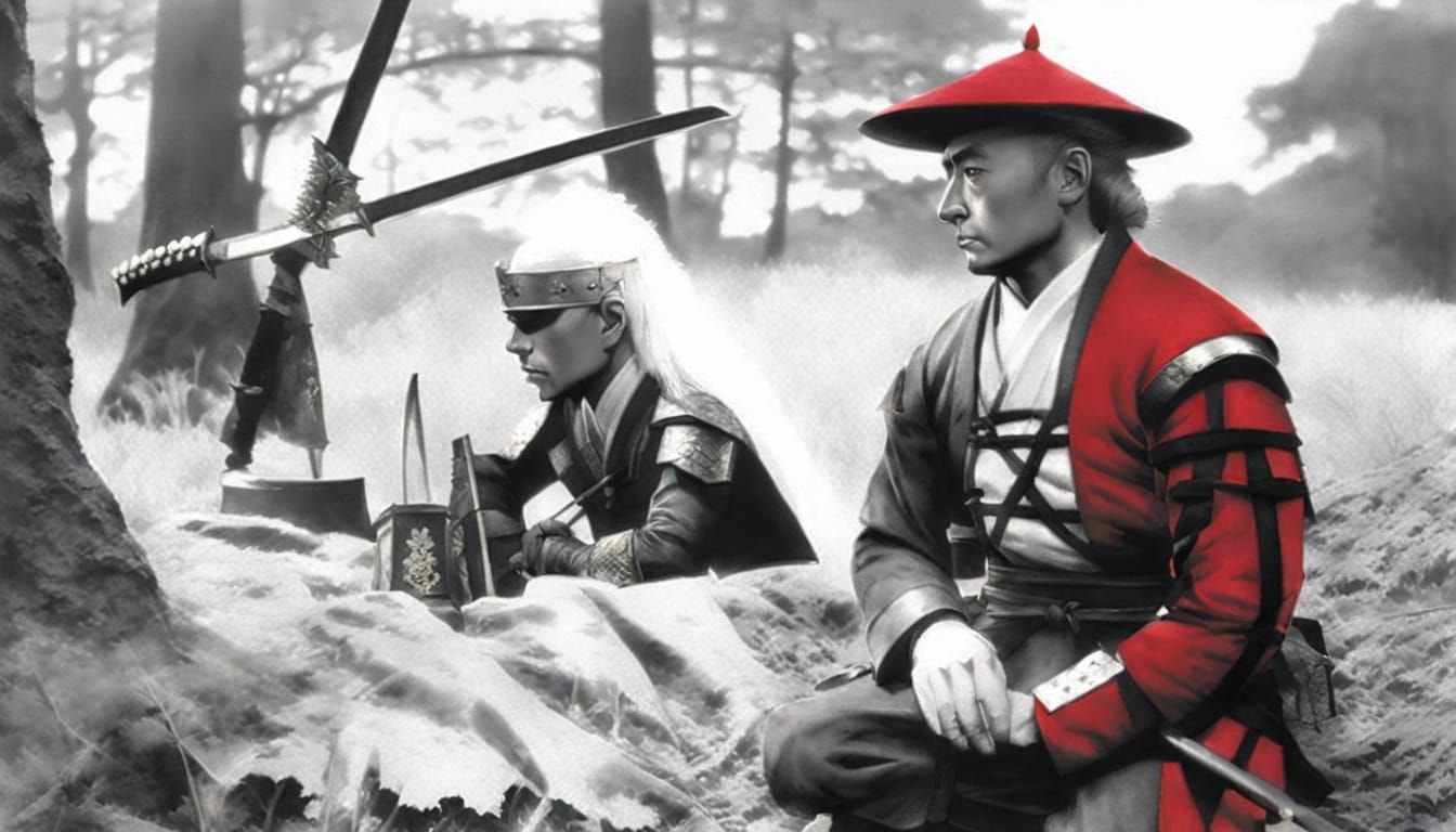 Samurai Warrior Kneels in Sun-Dappled Forest