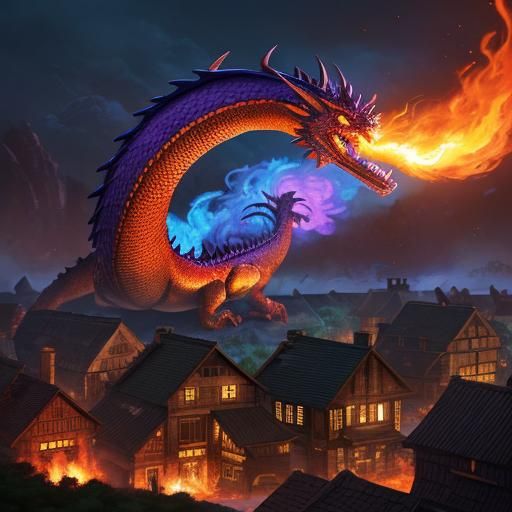 Purple Dragon Unleashes Fire in Fantasy Village