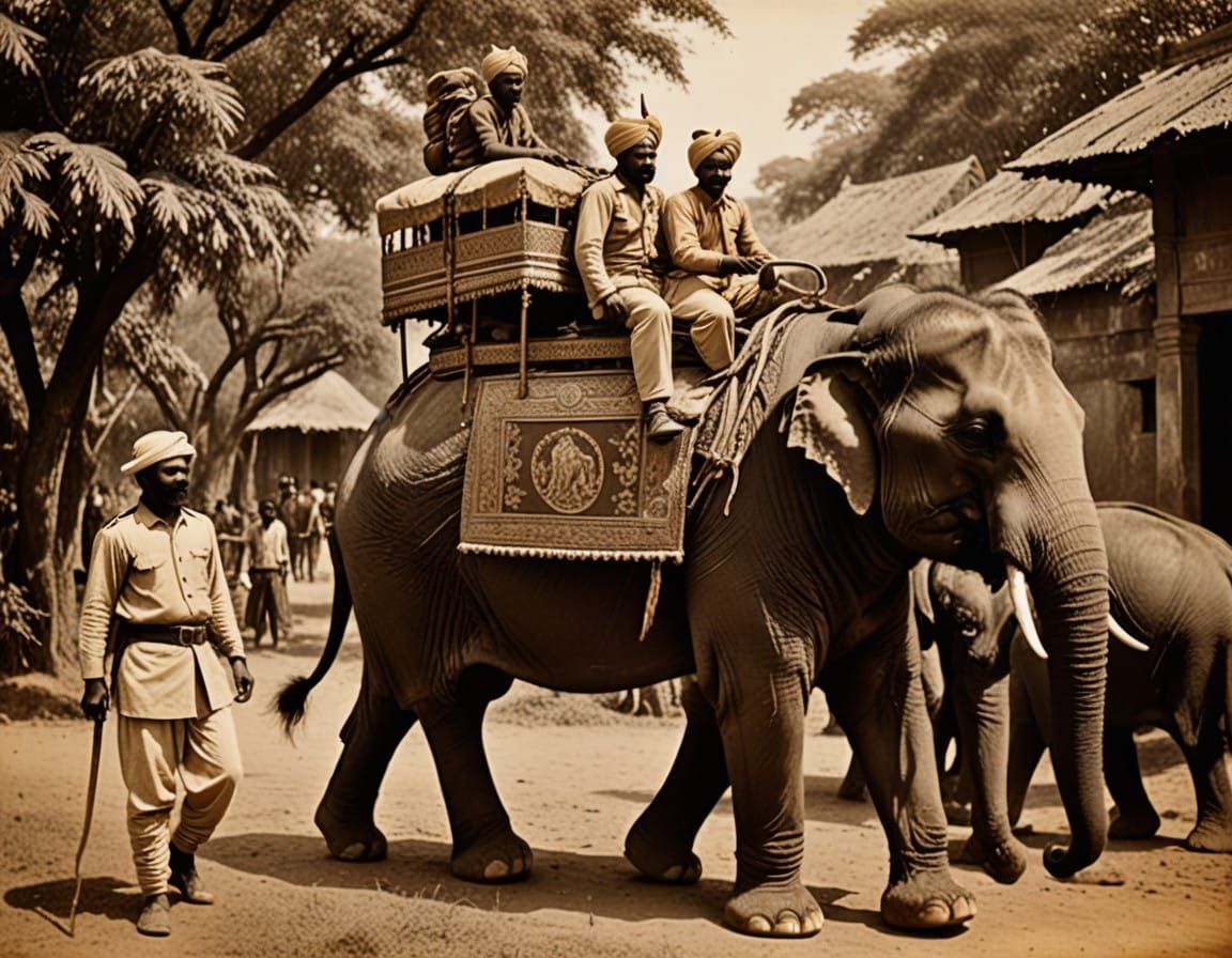 Vintage Tiger Hunt in India from Elephant's Back in Sepia To...