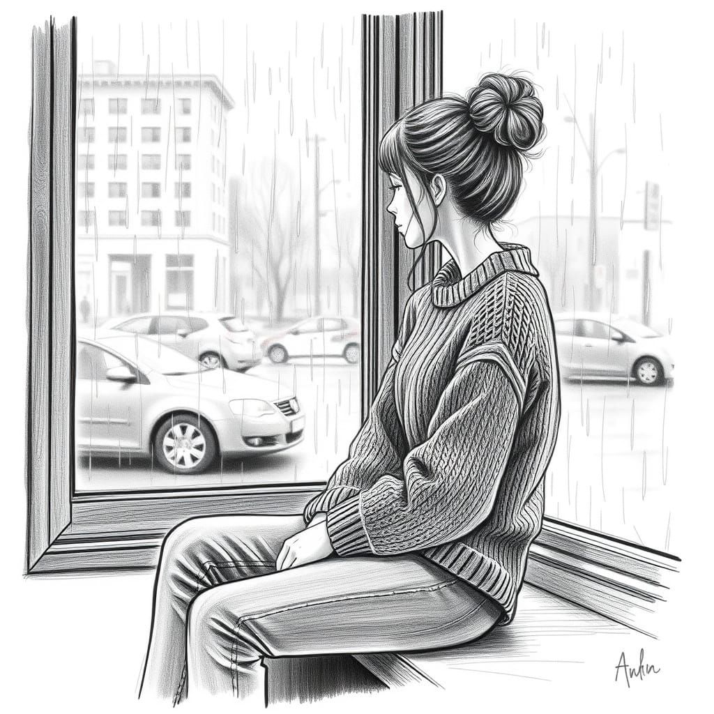 Melancholic Woman Gazes Out Rainy Window in Pencil Sketch St...