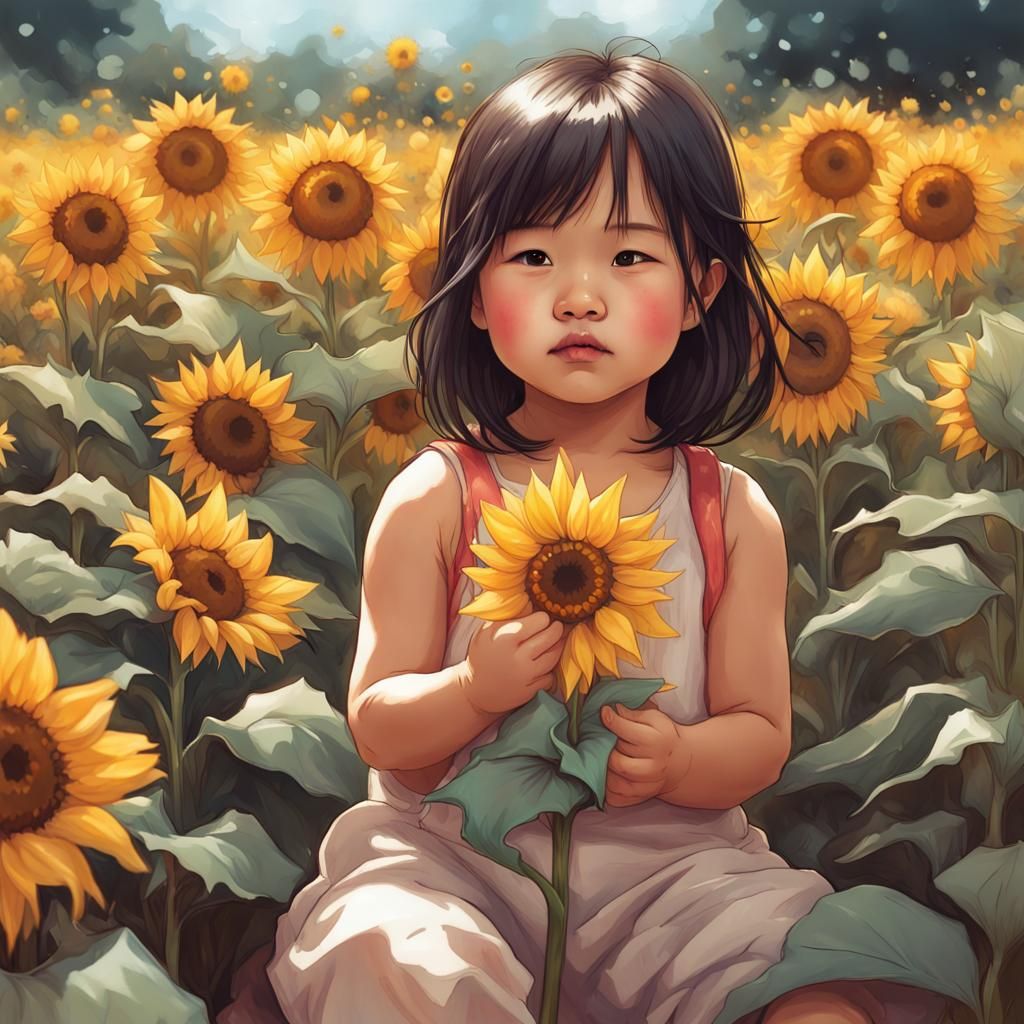 Cute Asian Girl in Sunflower Field, Alcohol Marker Illustrat...