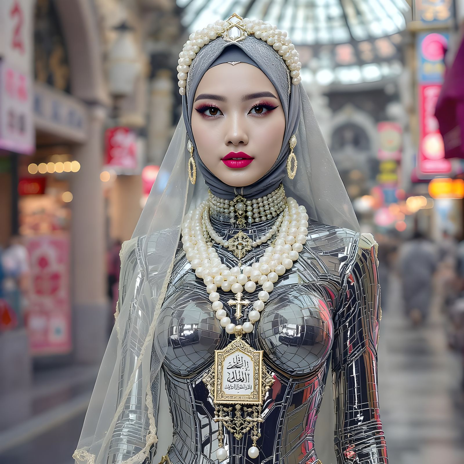 Metallic Hijab with Pearl Accessories, Detailed Digital Art