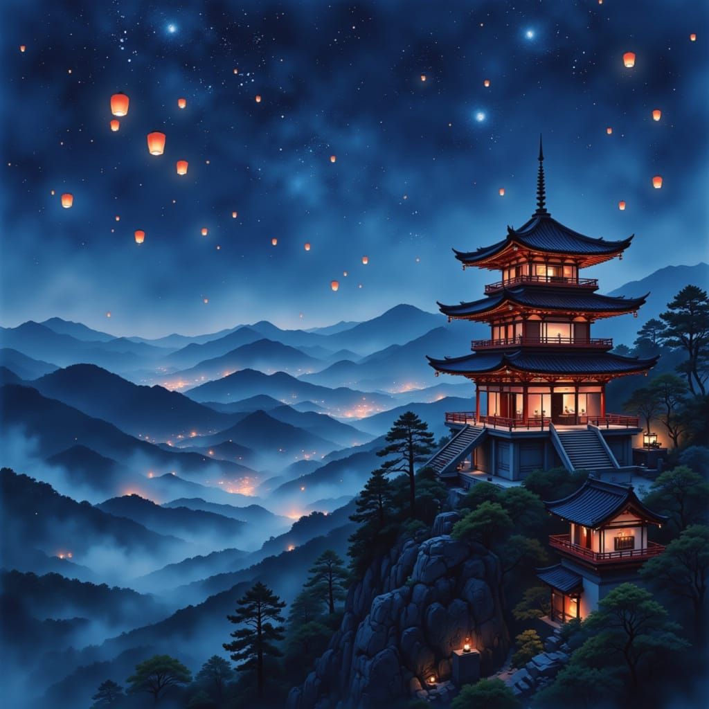 Magical Pagoda Under Starry Sky at Lantern Festival