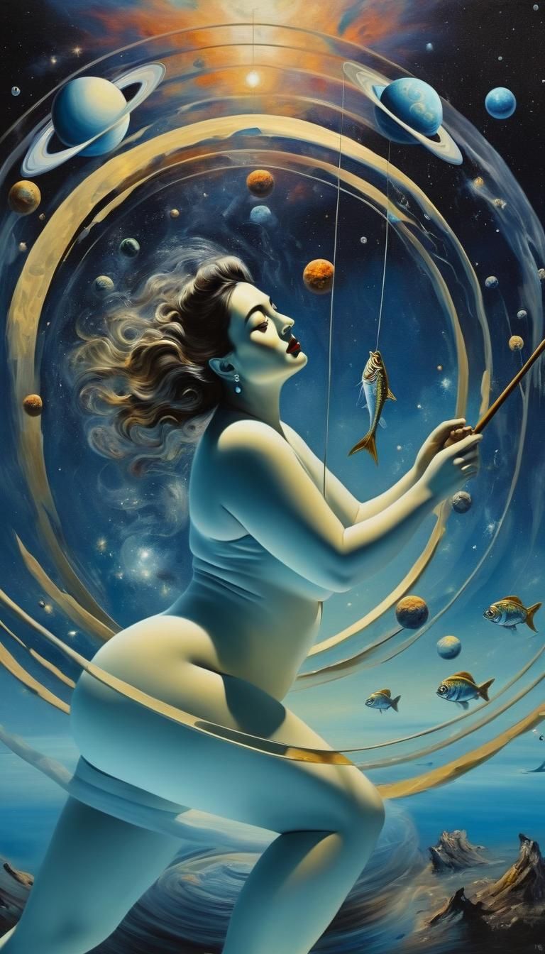 Surreal Spanish Woman Fishing in Outer Space