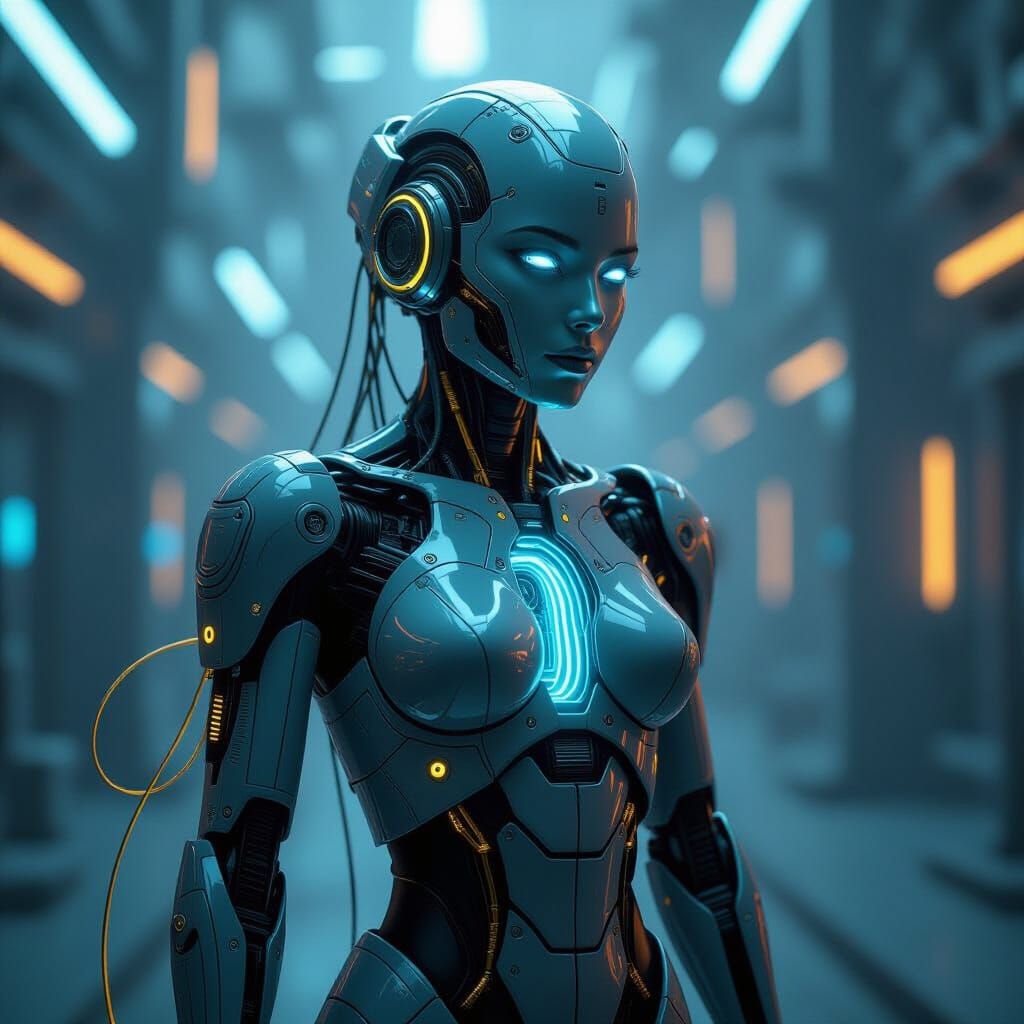 Cyberpunk Figure Fused with Mechanical Circuitry