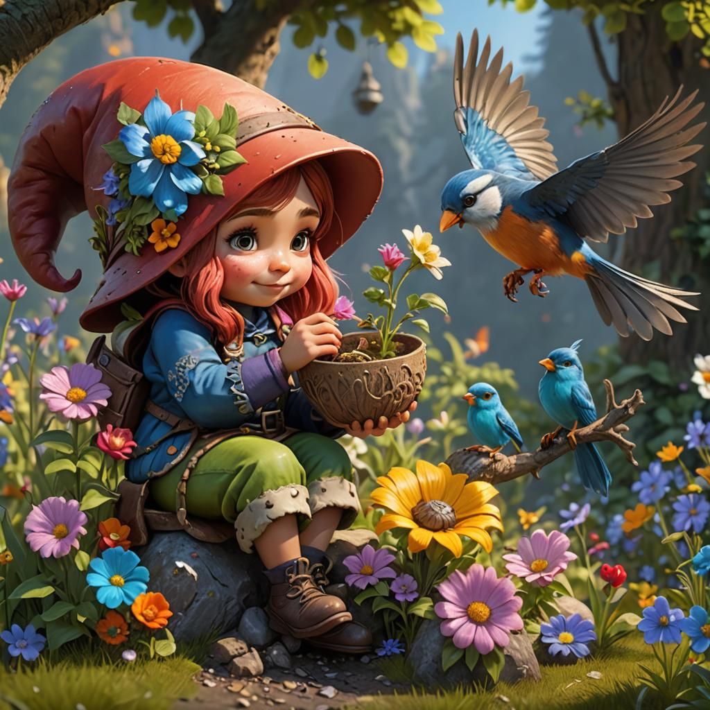 Gnome Girl Feeding Birds in Pixar Style