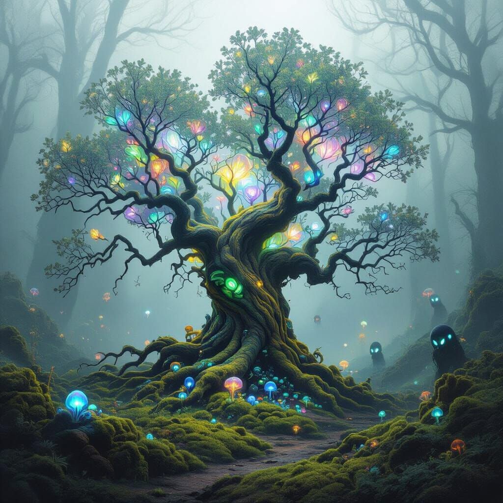Bioluminescent Tree in Mystical Forest, Impasto Style