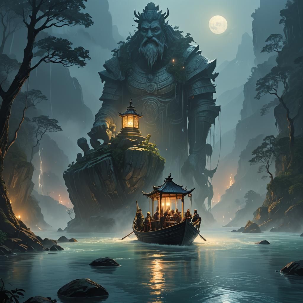 Lantern Lit Boat Navigates River Through Colossal Statue