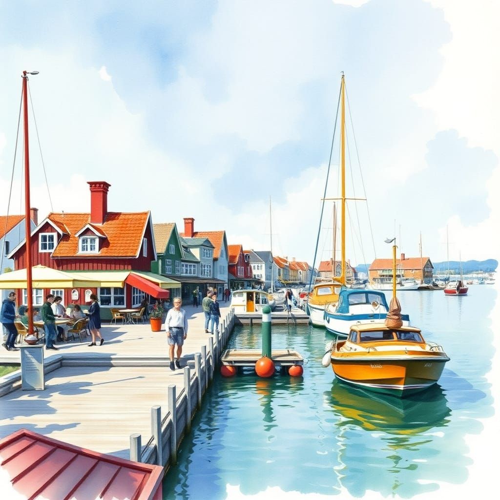 Scandinavian Harbour in Vibrant Watercolour Style