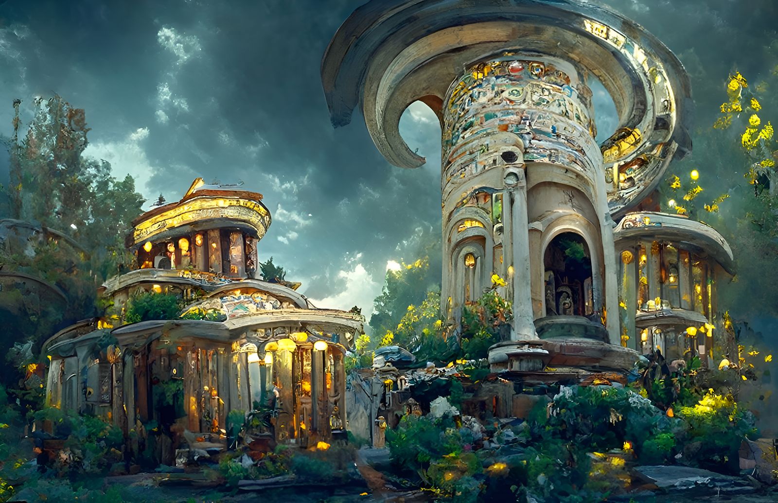 Surreal Roman Temple with Art Nouveau Architecture