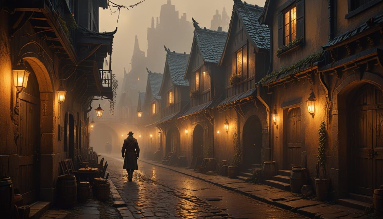 Fantasy Alleyway Scene: Tavern Atmosphere in Oil Painting