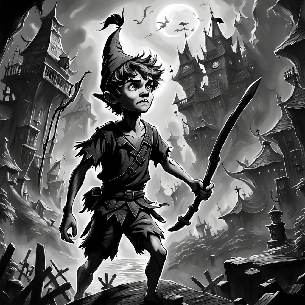 A black and white pencil sketch of a deranged peter pan