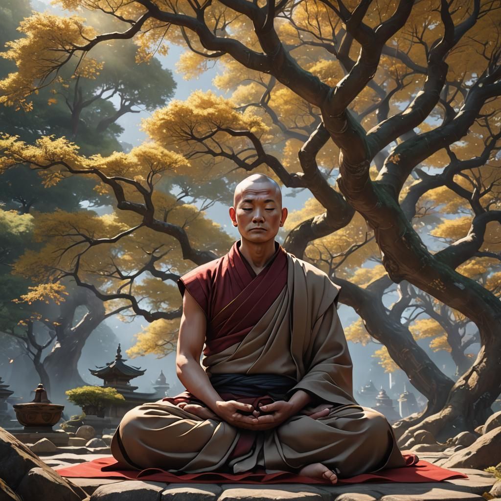 Meditating Monk Under Wish-Fulfilling Tree: Anime Art