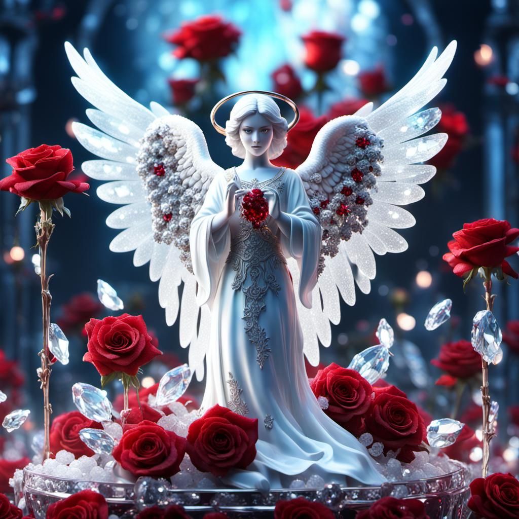 beautiful, white, crystal angel with crystalized wings standing on a bed of brilliant crystal red roses