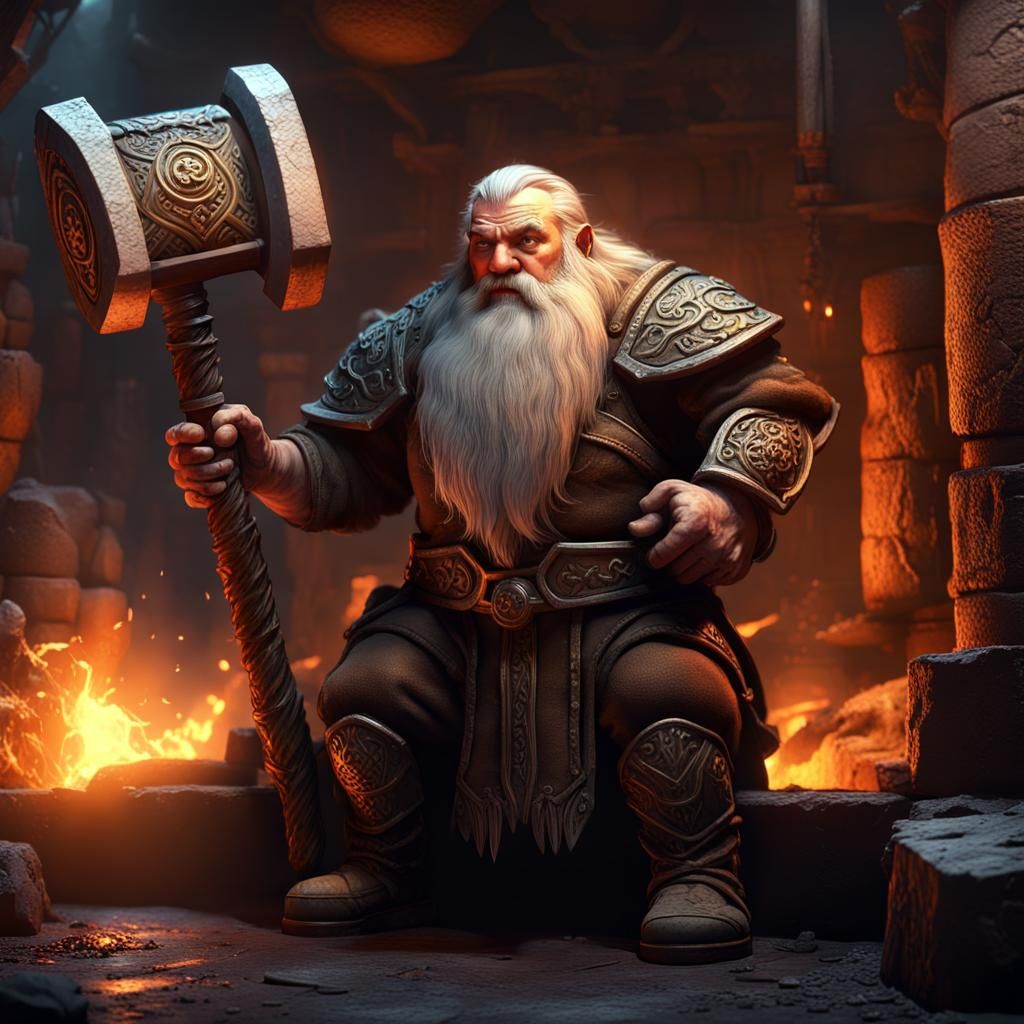 Mighty Dwarf Forging in Ancient Rune-Carved Forge