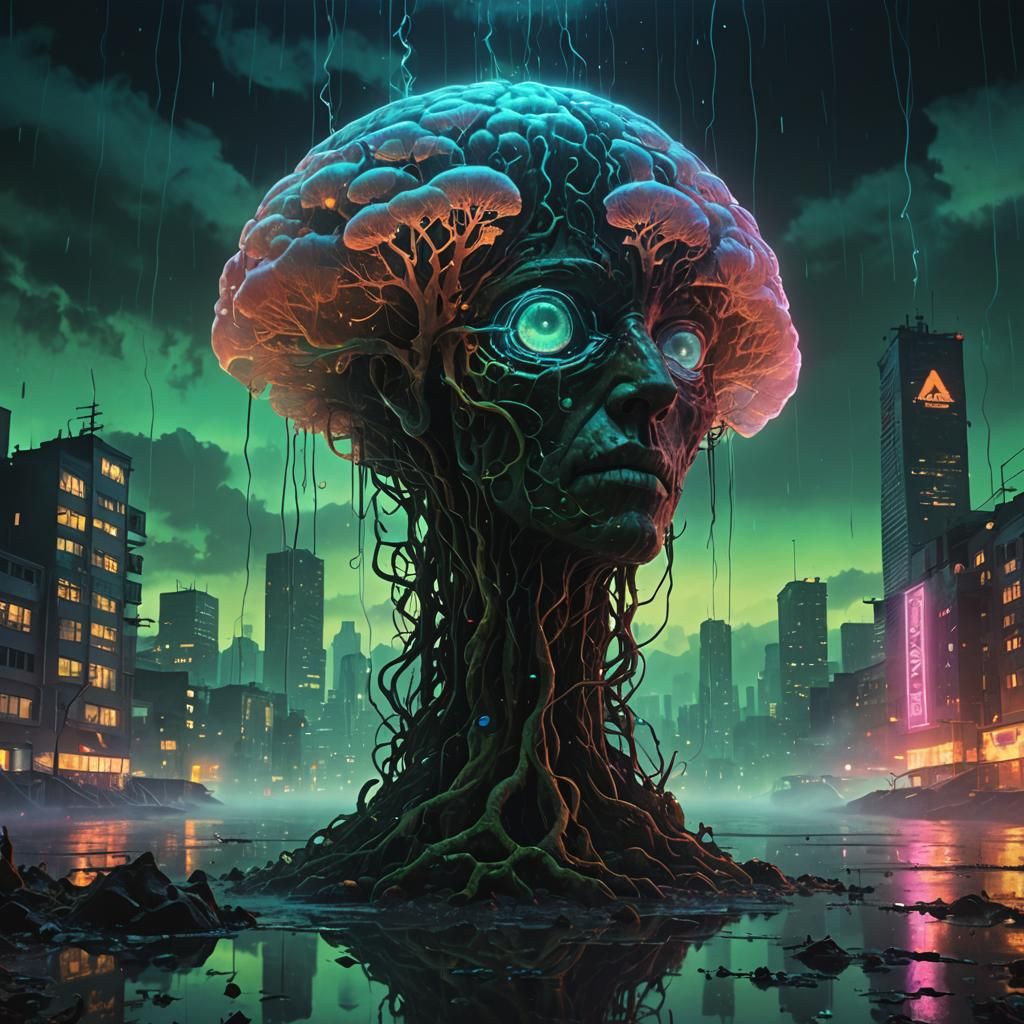 Beksiński-Inspired Dark Fantasy with Bioluminescent Elements