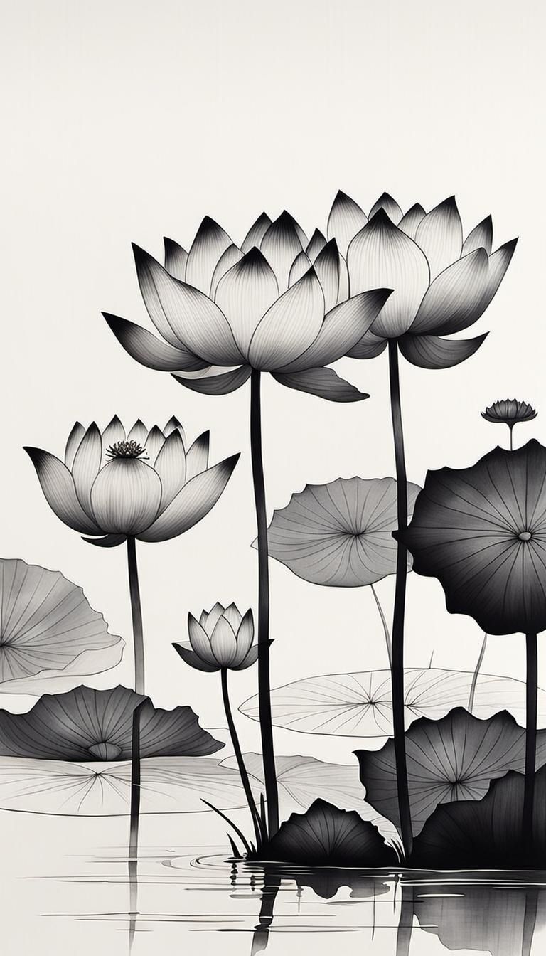 Minimalist Chinese Ink Painting of Lotus Flowers