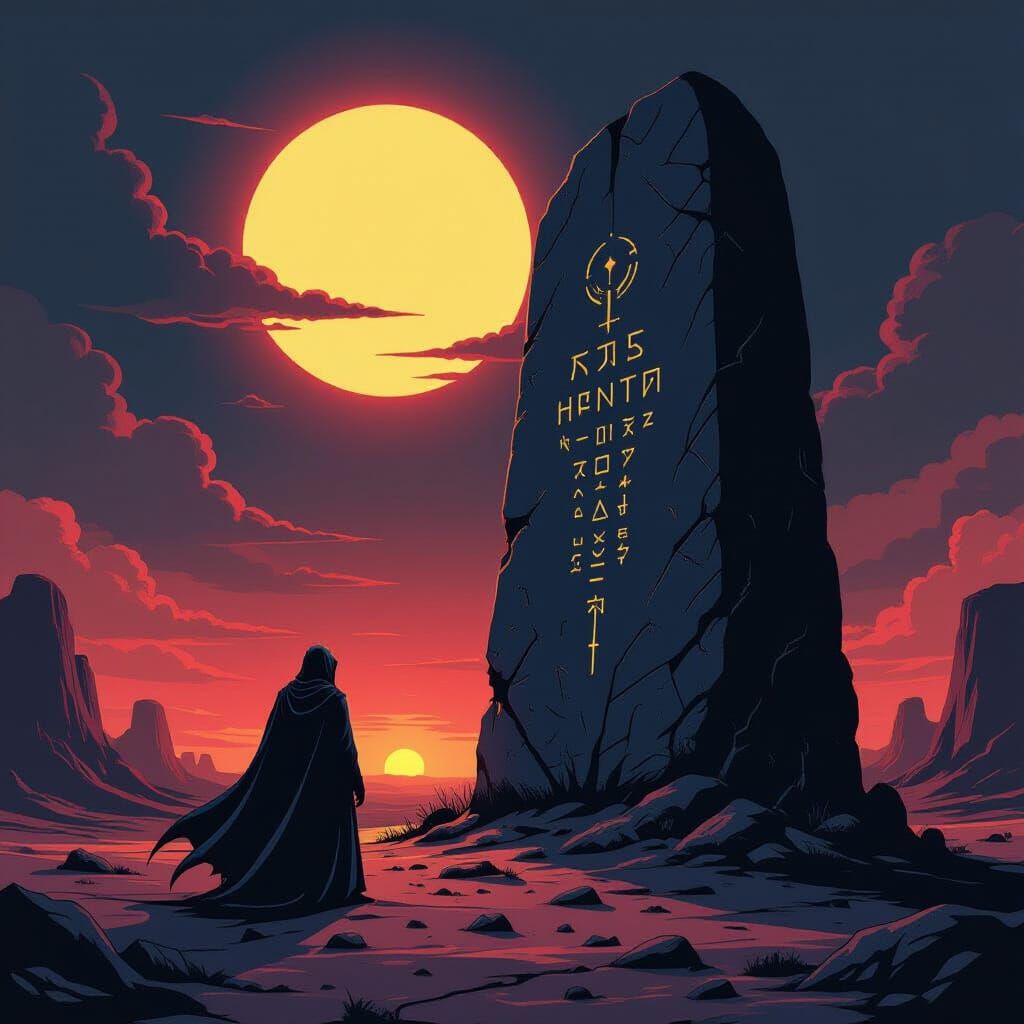 Mysterious Figure Before Alien Monolith in Comic Style