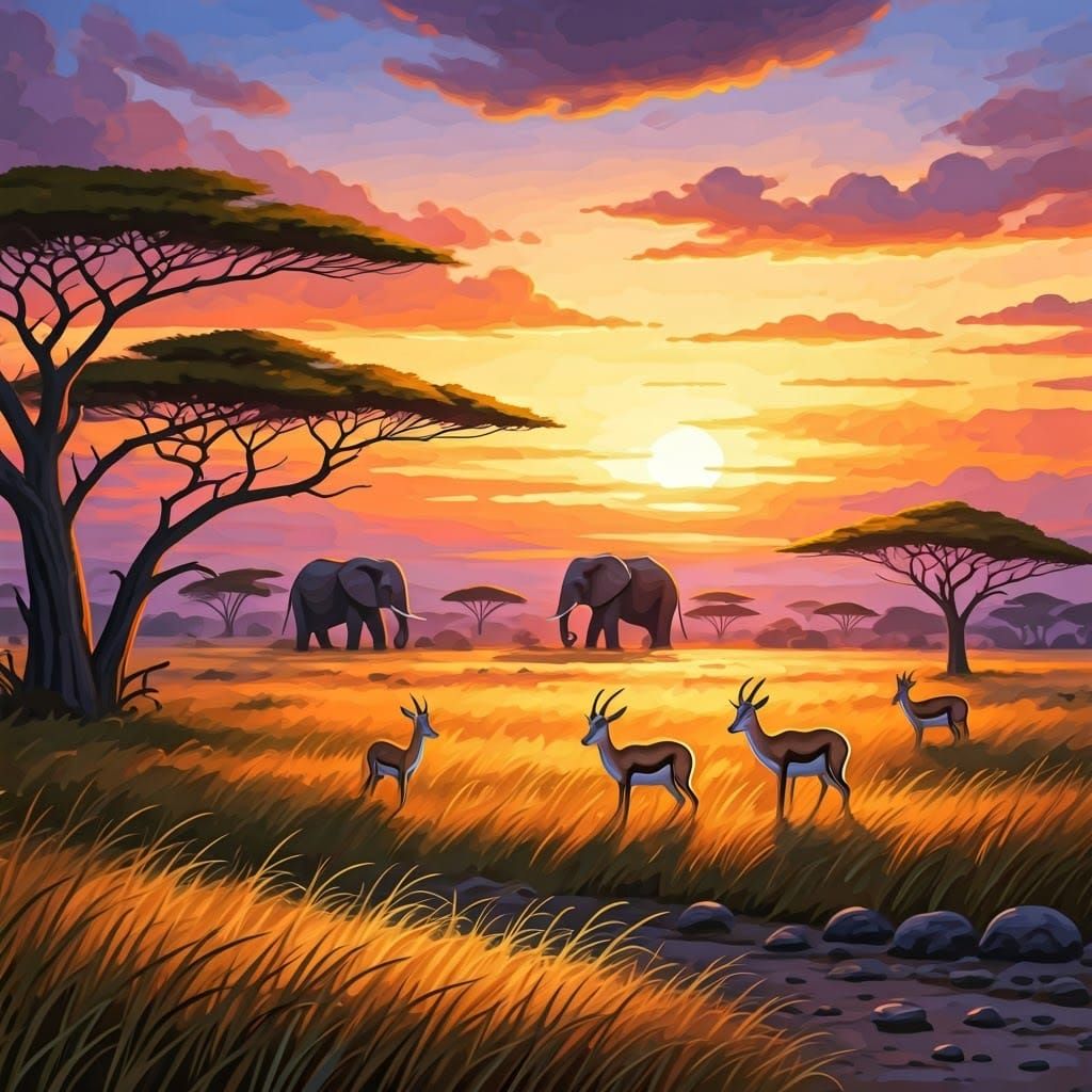 Savannah Sunset with Elephants and Antelope in Impressionist...