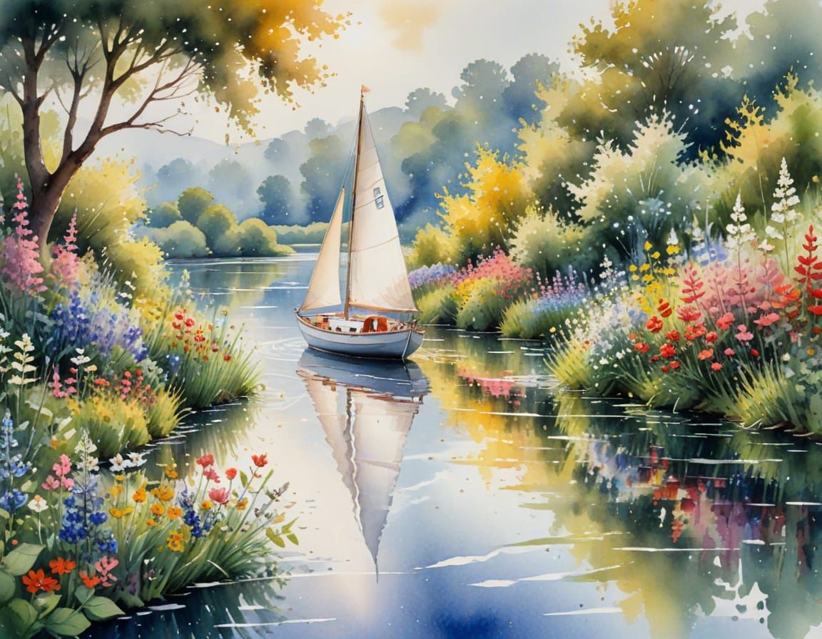 Sunlit River Garden Sailing Boat: Stylized Watercolor