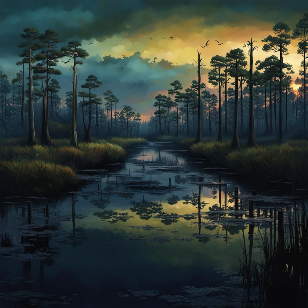 Dramatic Marsh Border at Night: Digital Matte Painting
