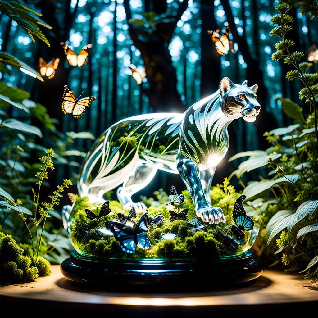 Crystal Panther with Bioluminescent Butterflies