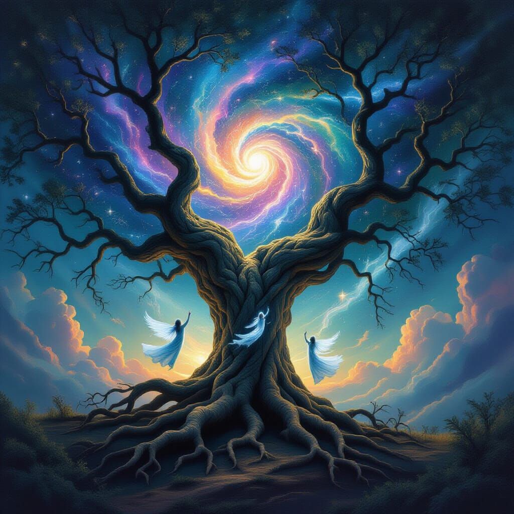 Ancient Tree Reaches Nebula, Ethereal Spirits Dance