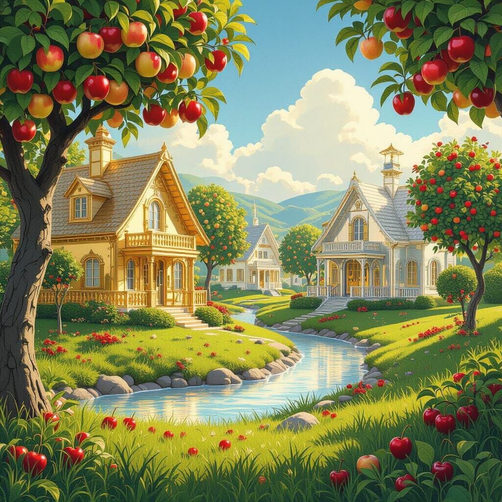 Golden Houses Amidst Fruitful Lands in Miyazaki Style