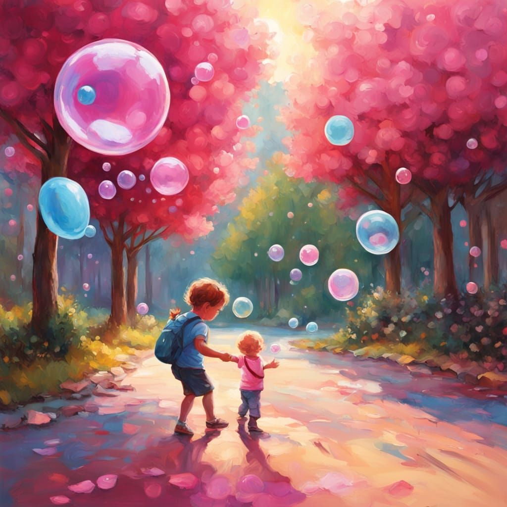 Whimsical Oil Painting of a Child Blowing Bubble Gum