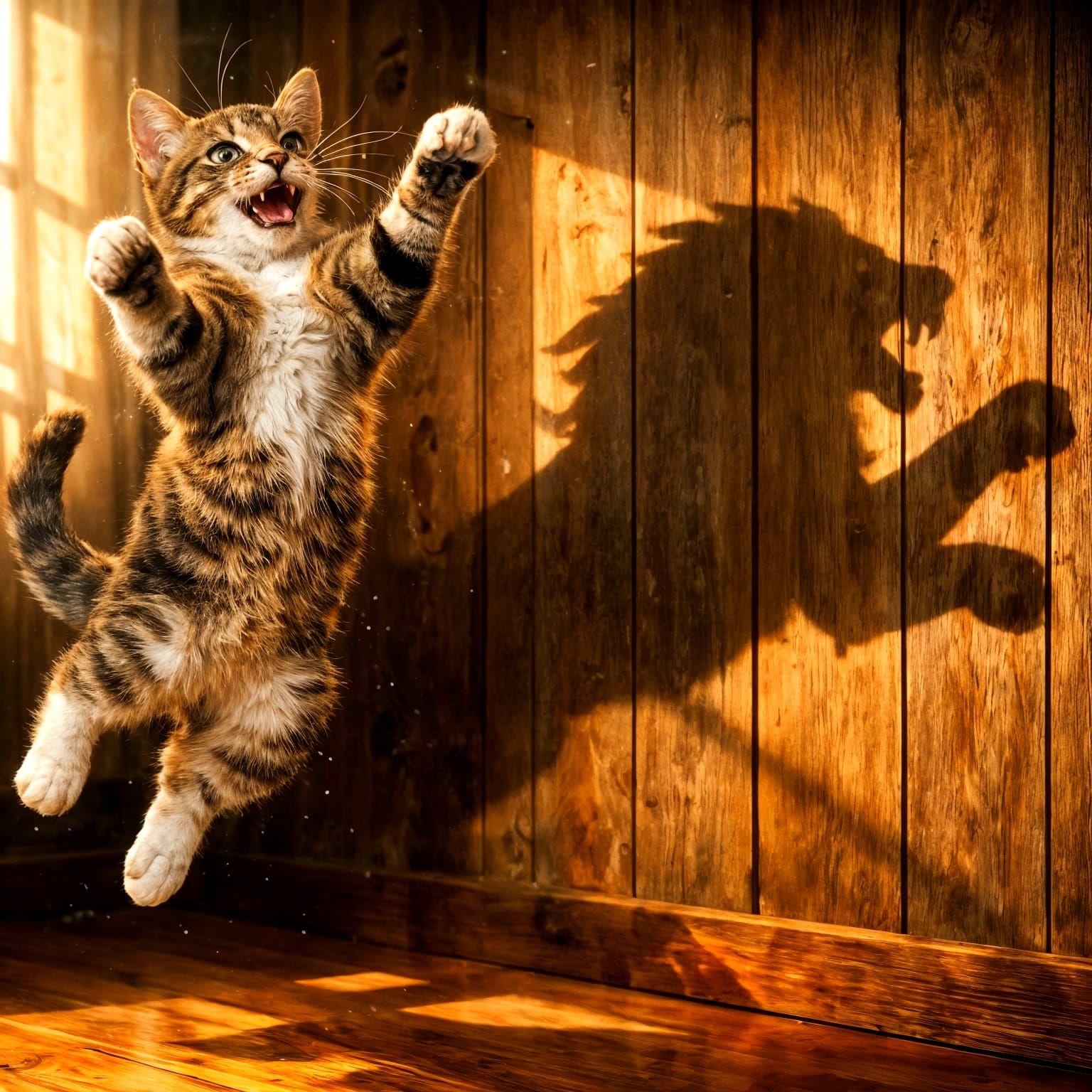 Tabby Cat Leaping with Lion Shadow in Warm Light