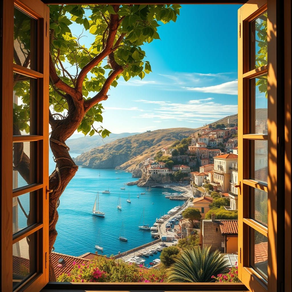 Surreal Mediterranean Coastal Scene in Dreamy Watercolor Sty...