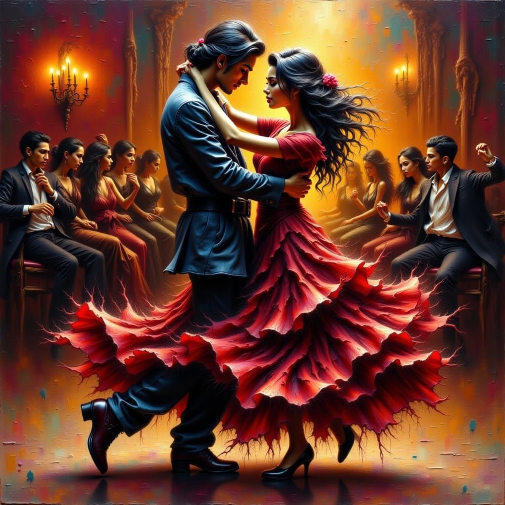 Couple Dancing Tango in Dramatic Oil Painting Style