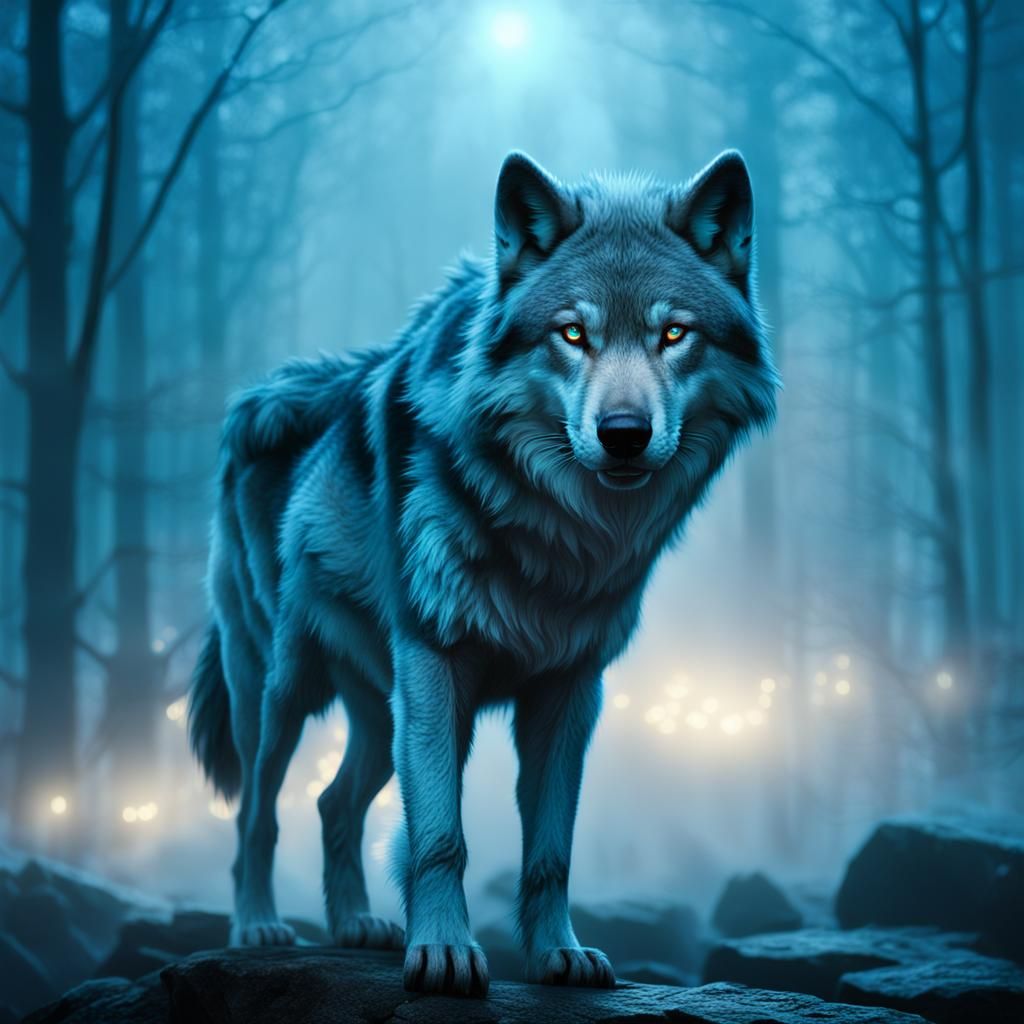 Ethereal Blue Direwolf in a Dreamlike Misty Landscape