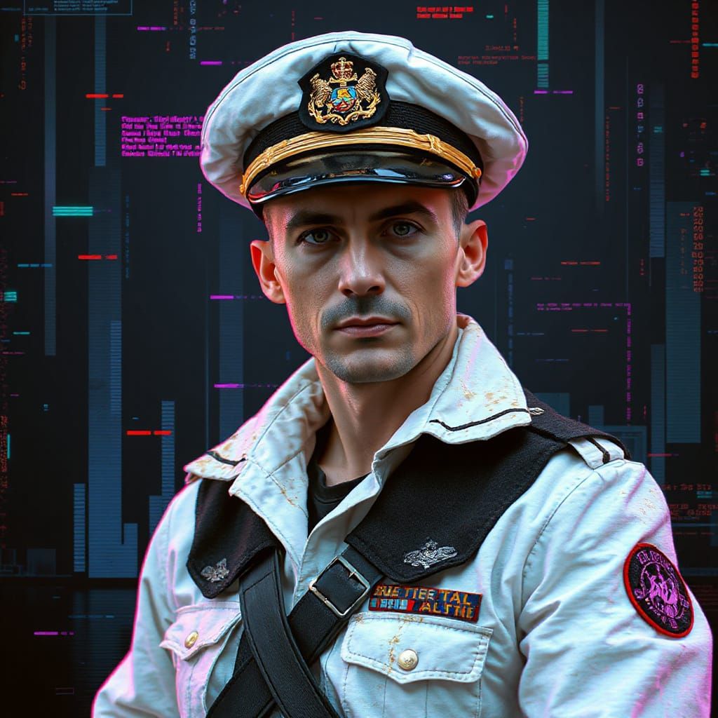 Cyberpunk Sea Captain Portrait with Digital Glitches