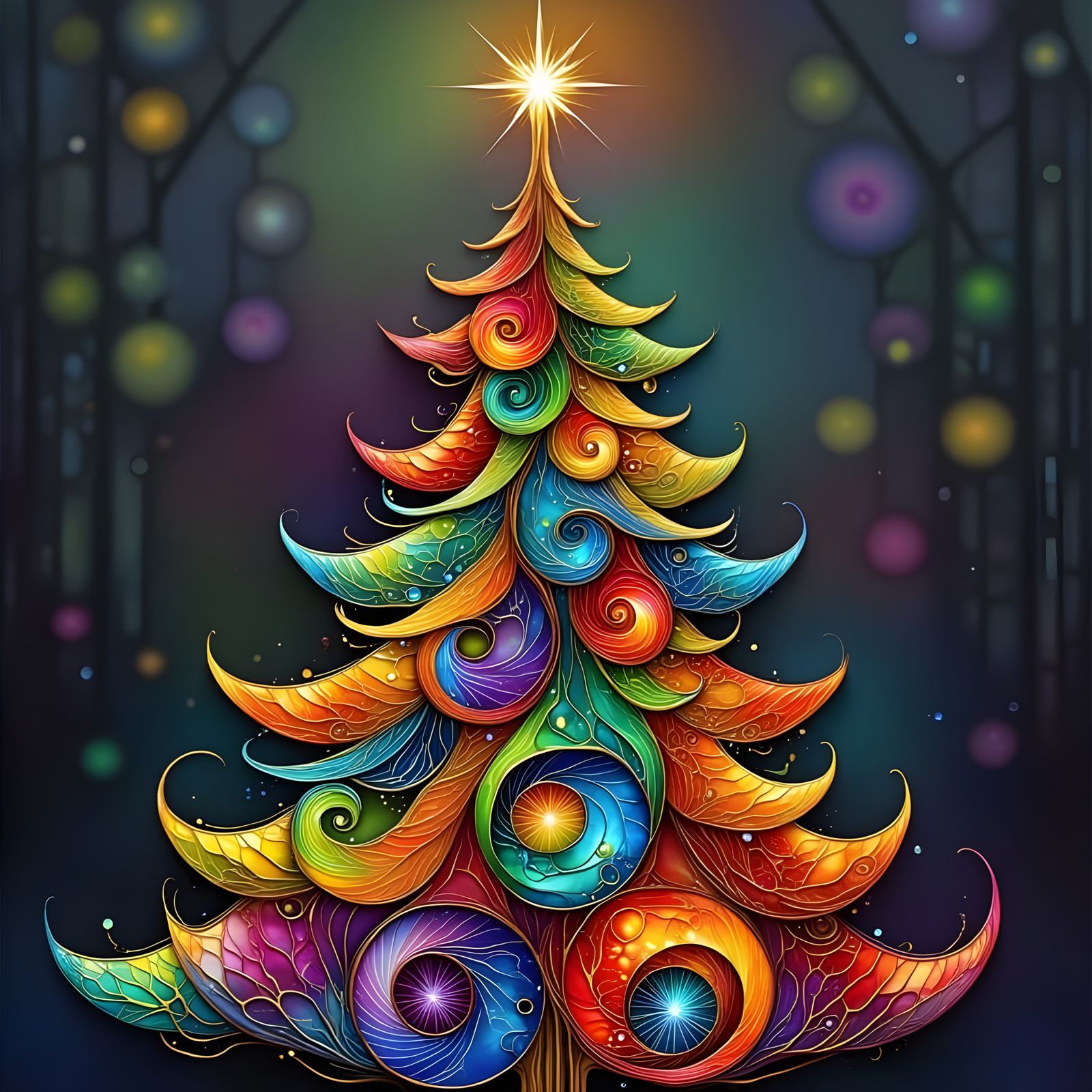 Vibrant Christmas Tree Digital Illustration with Golden Star