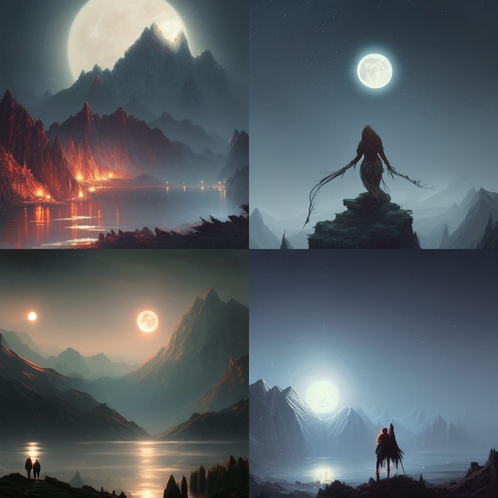 Fantasy Landscape: Moon, Flower, Mountain, Stars, River