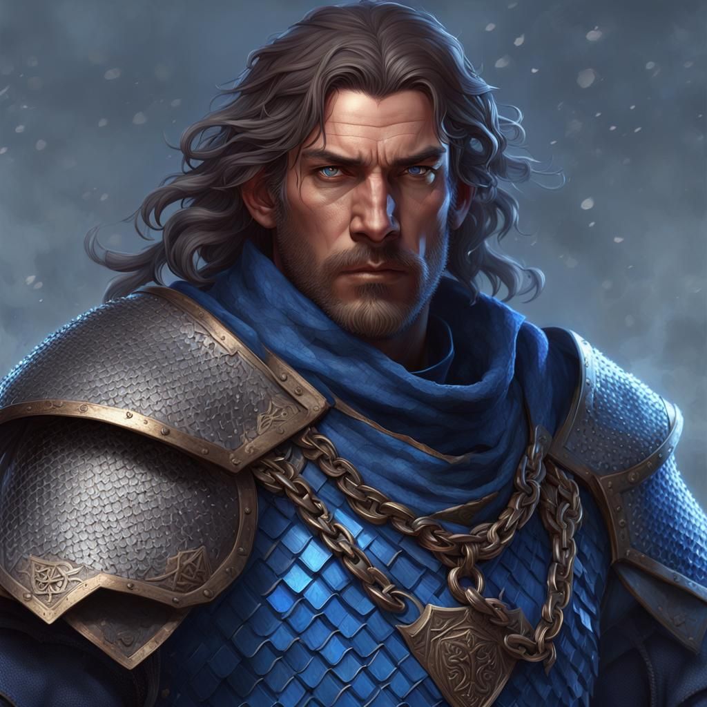 Medieval Soldier in Blue Chainmail: Dark Fantasy Portrait