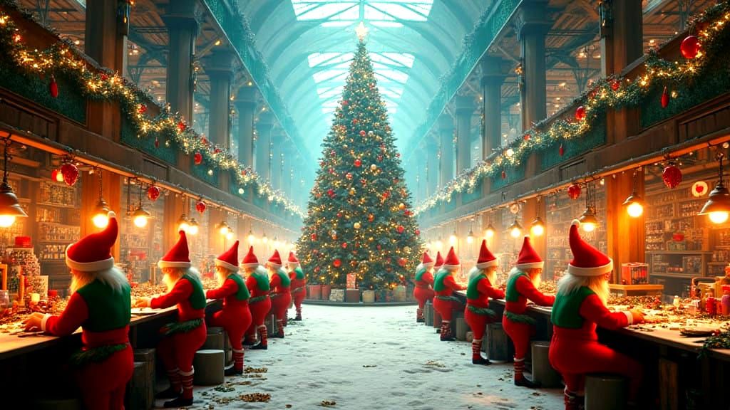 Elves in a Vibrant Christmas Workshop