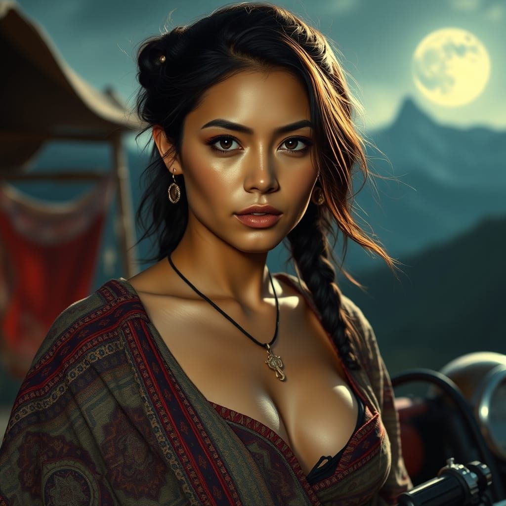 Mountain Market Scene in Tibetan Thangka Style