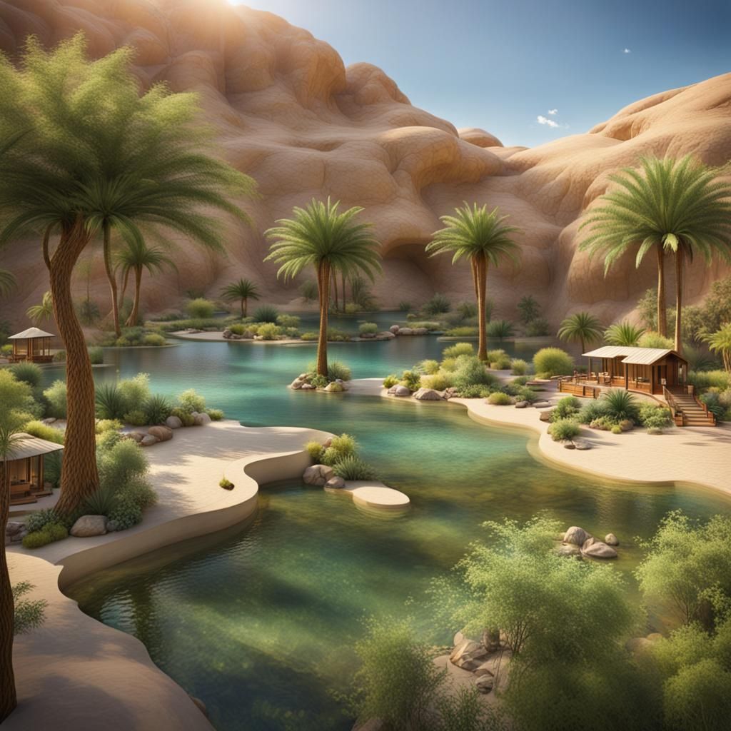 Lush Island Oasis in Arid Desert Landscape