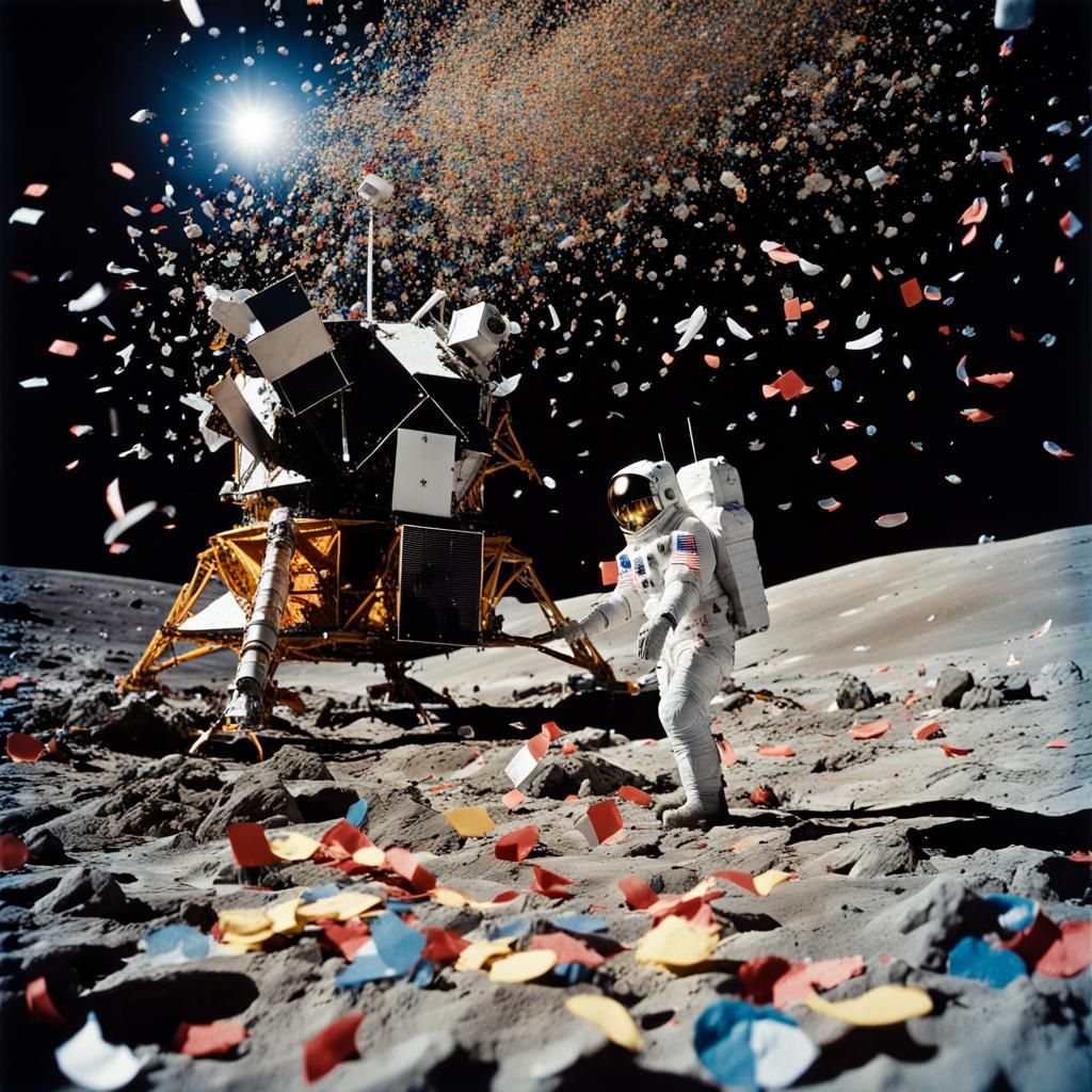 Astronauts Celebrate on Moon in Confetti Rain