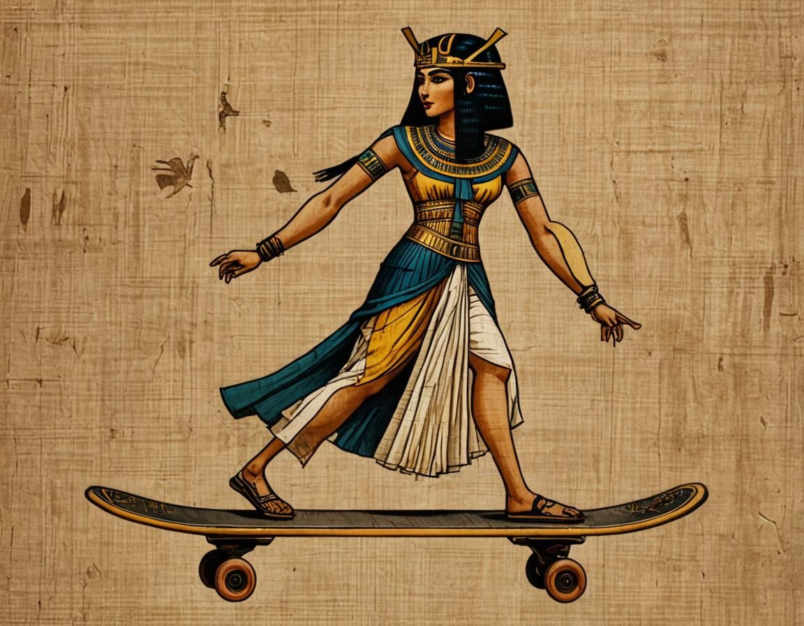 Cleopatra Skateboarding on Ancient Papyrus