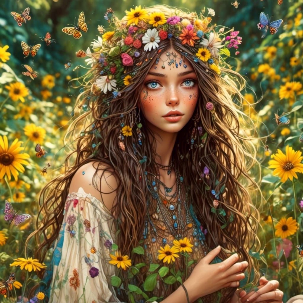 Whimsical Bee Garden: Digital Art of Hippie Princess