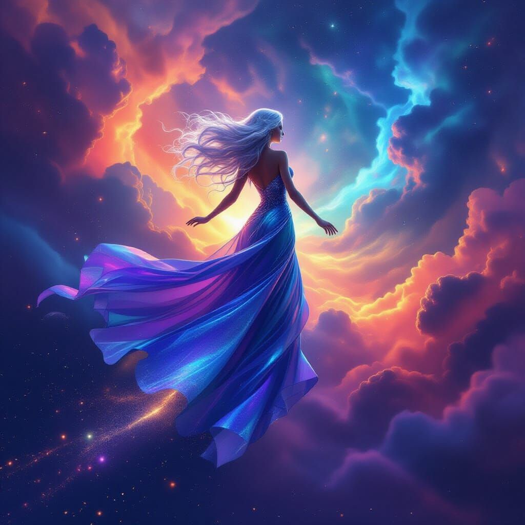 Woman Soaring Through Intergalactic Nebula Plasma