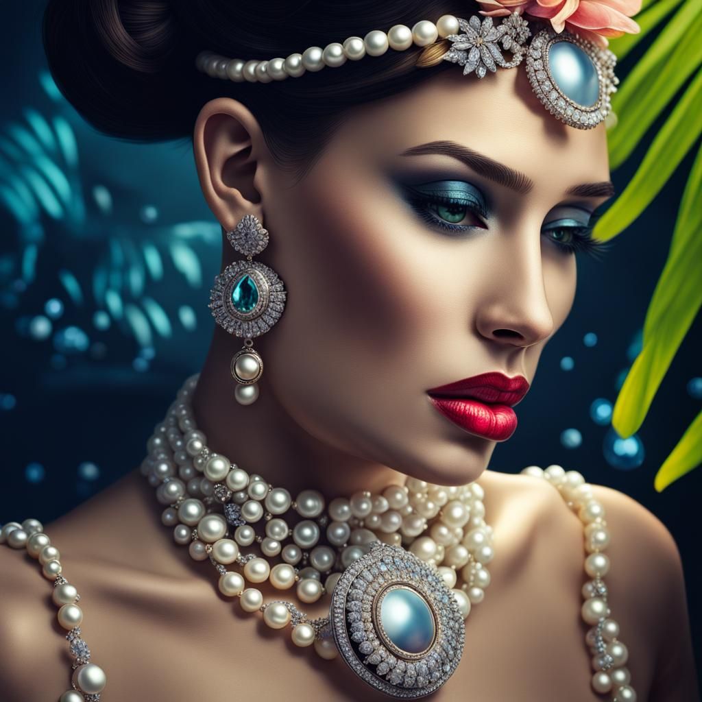 Exquisite Jewels, Glowing Makeup, Hyperrealistic Rendering