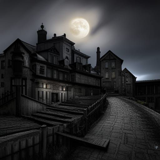Sinister Mansion Over Small Town in Moonlight
