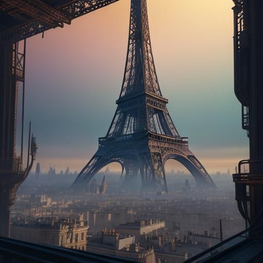 Steampunk Eiffel Tower with Airships in Golden Light