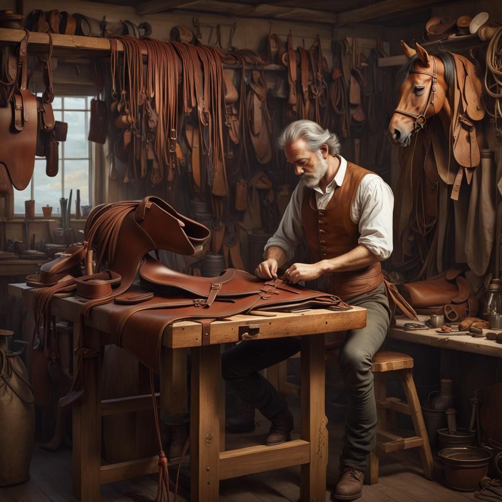 Saddle Maker at Workbench in 1700s Style