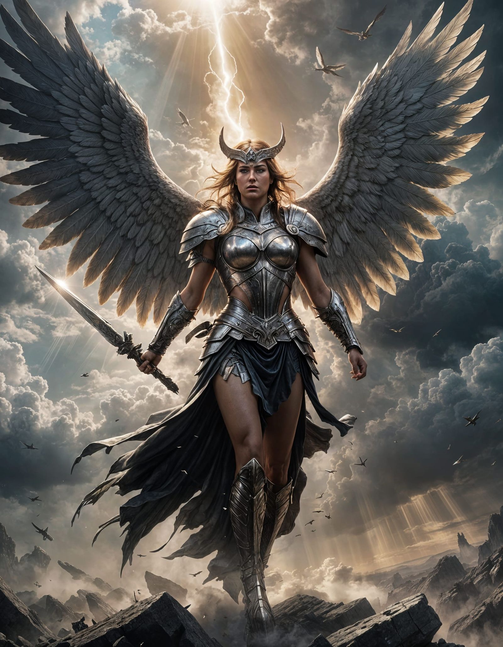 Muscular Valkyrie Descends over Battlefield in Gritty Art